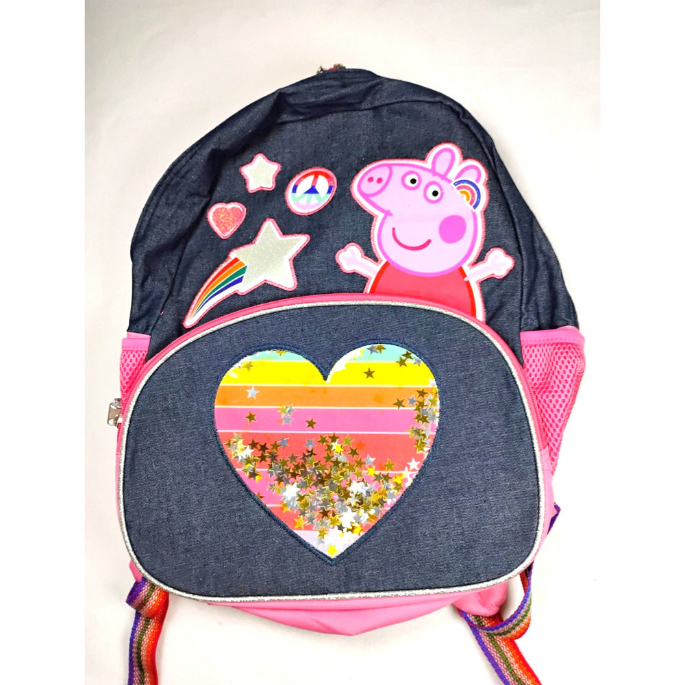 Peppa Pig Denim Backpack Rainbow Glitter Shaker Heart School Kids Bag